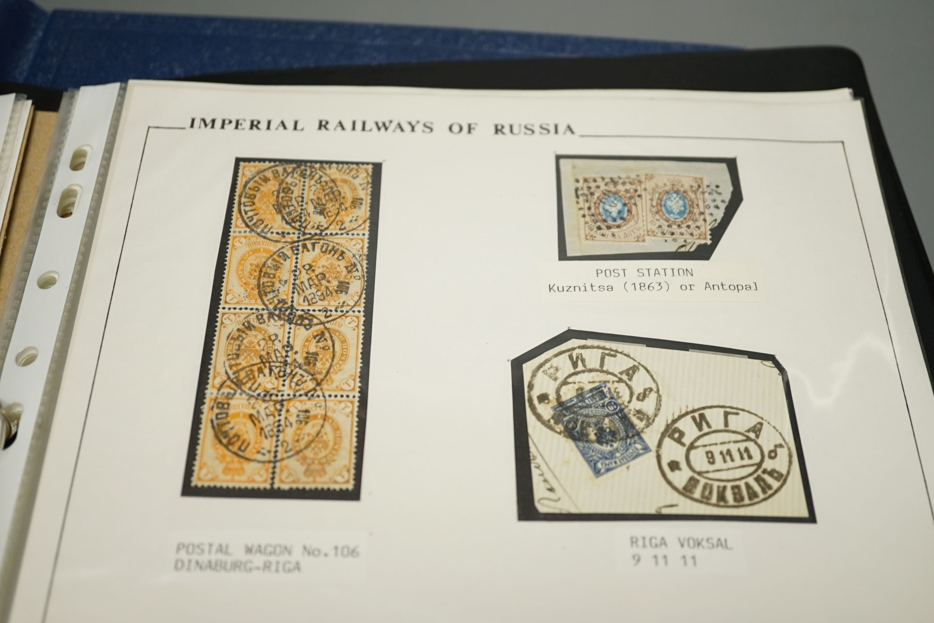 Imperial Russia stamps in two albums from 1878-1917 with 1913 Romanov set - 5 roubles mint and used, postal history TPO covers and cards, post offices in Turkey. Post Office in china 1907 3R.50. mint sheet of 25